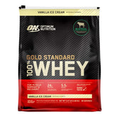 Gold Standard 100% Whey Protein Powder by Optimum Nutrition, Vanilla Ice Cream flavor, 5.64 lbs, 80 servings.